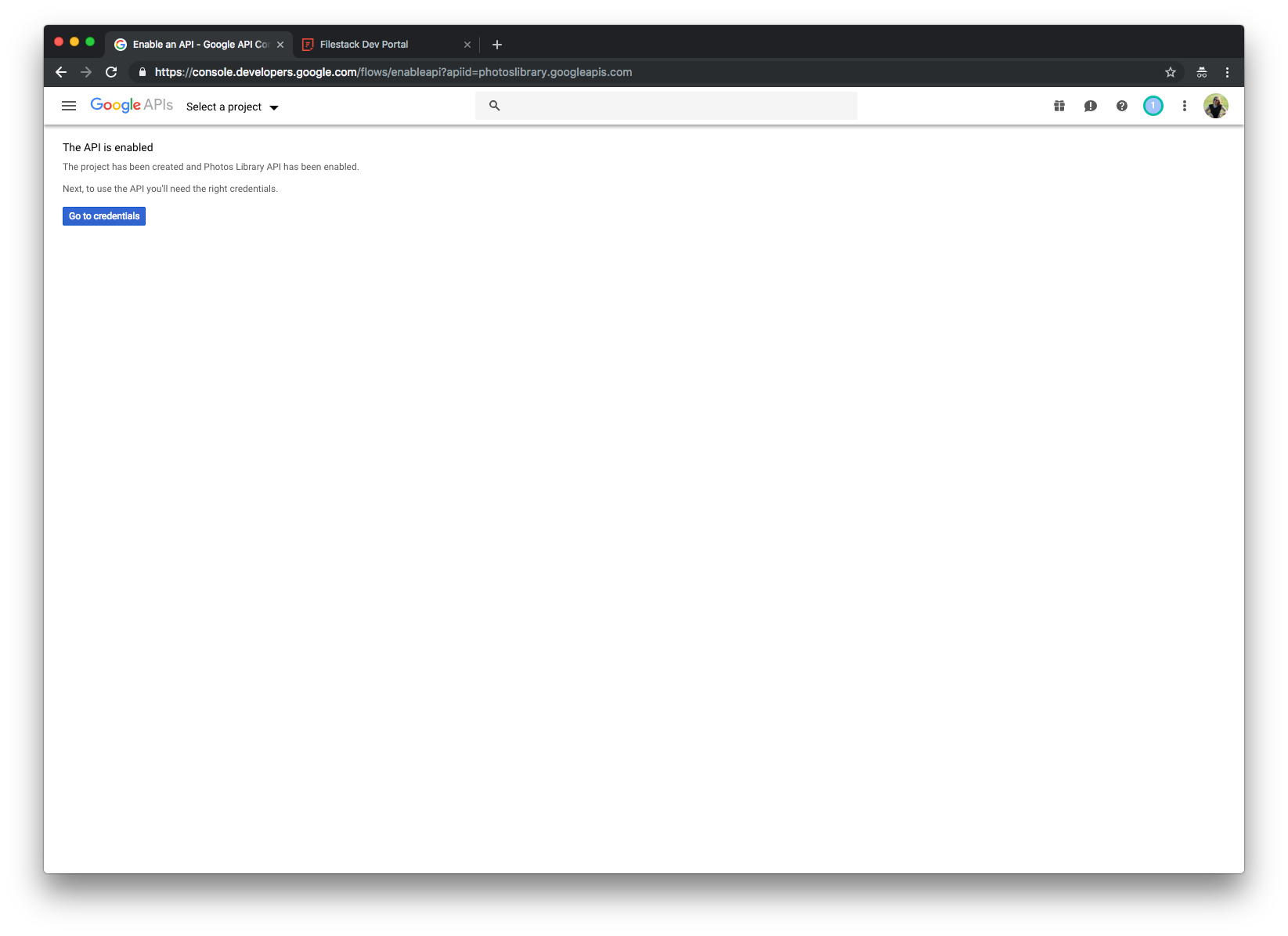 Screenshot showing The API is enabled step in Google API Console