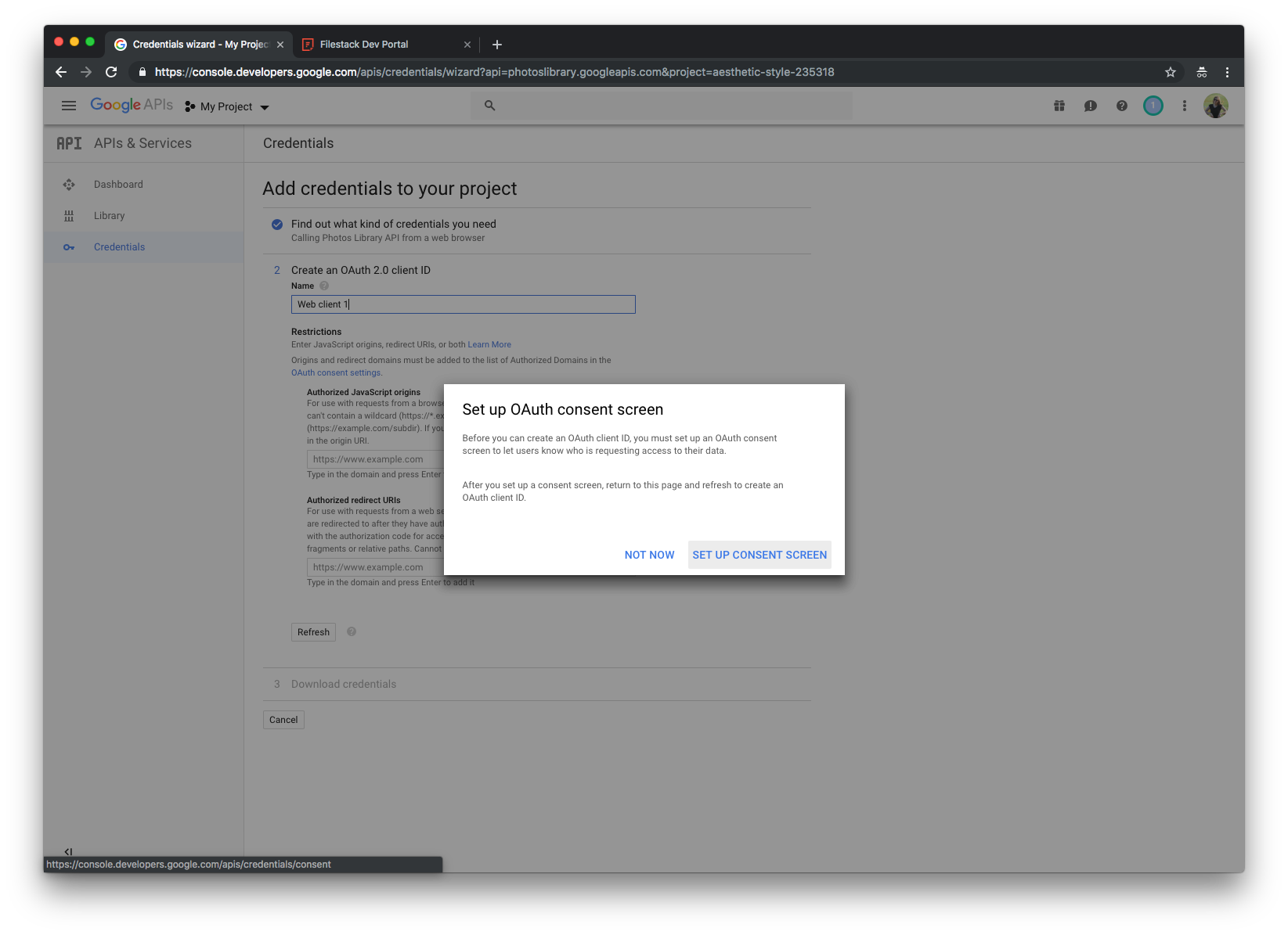 Screenshot showing Credentials step in Google API Console