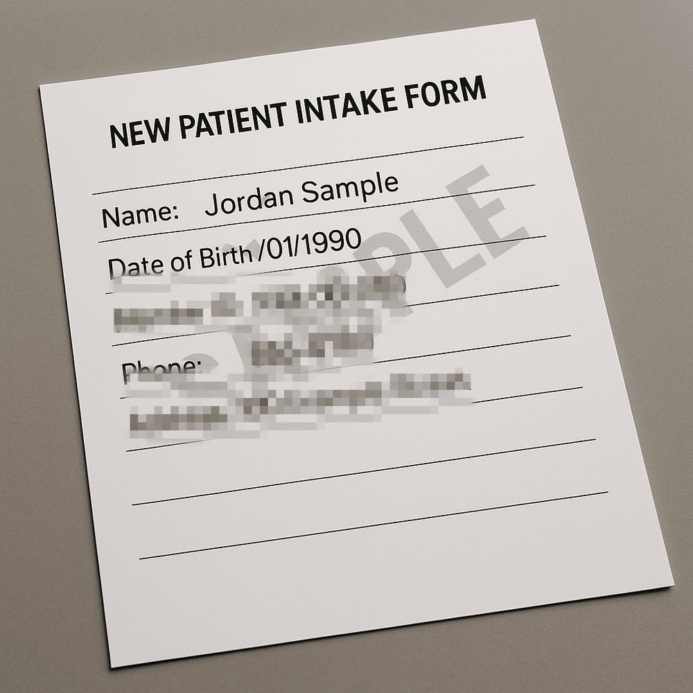 Sample intake form with the identifier, phone, and address fields pixelated