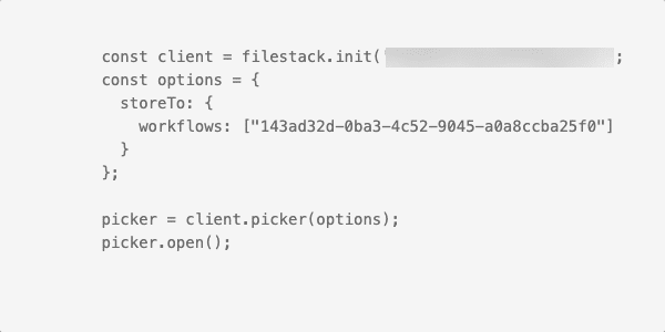 The Picker configuration showing storeTo.workflows set to the workflow ID before the picker opens.