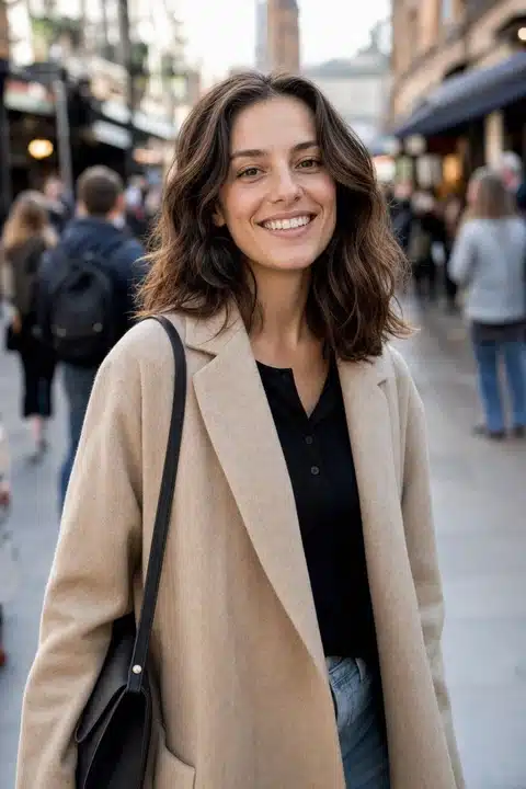 A woman with a backpack smiling on a city street.