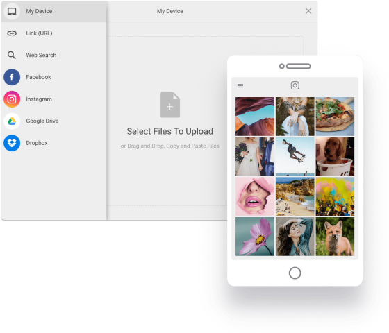 A file upload interface shows options like My Device, URL, and social media sources. A smartphone mockup displays a grid of colorful photos, including people, animals, and nature images, ready for selection or upload.