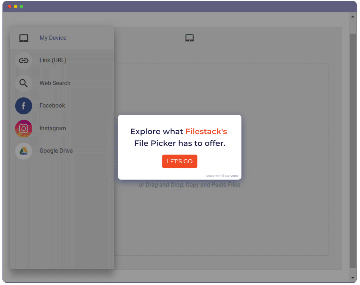 A computer screen shows a file picker interface with options like My Device, Link (URL), Web Search, Facebook, Instagram, and Google Drive. A pop-up in the center says, Explore what Filestacks File Picker has to offer.