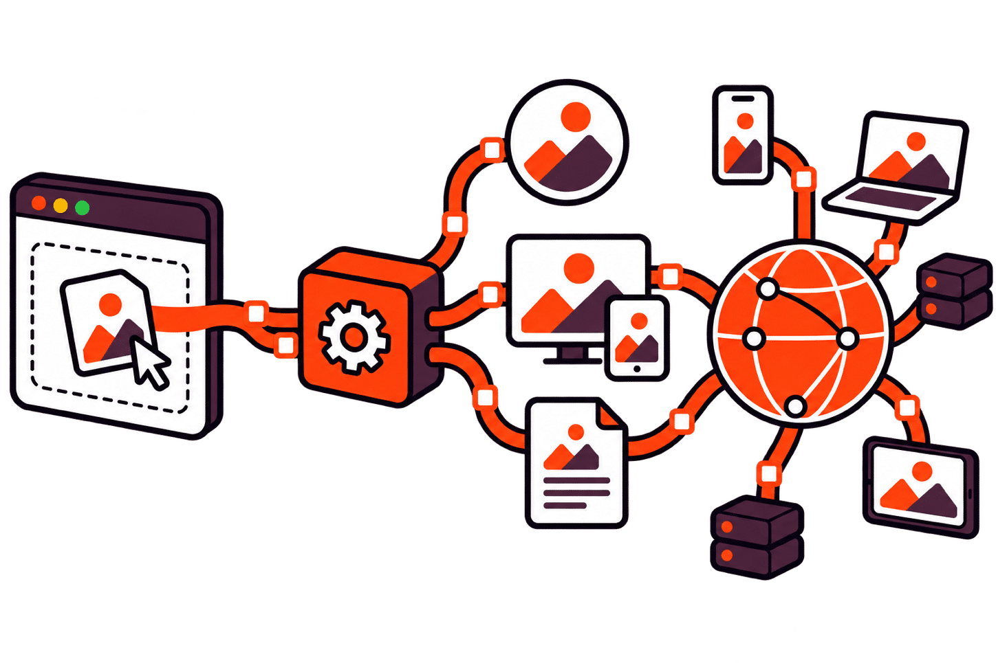 A file flowing from an upload window through transformations to responsive images, a document and a global delivery network