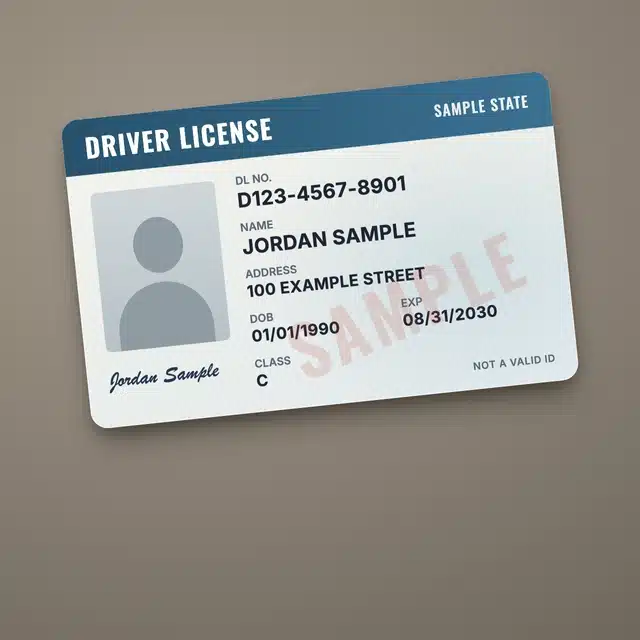 A sample driver license for Jordan Sample with a license number, address, date of birth and expiry date, marked SAMPLE and not a valid ID.